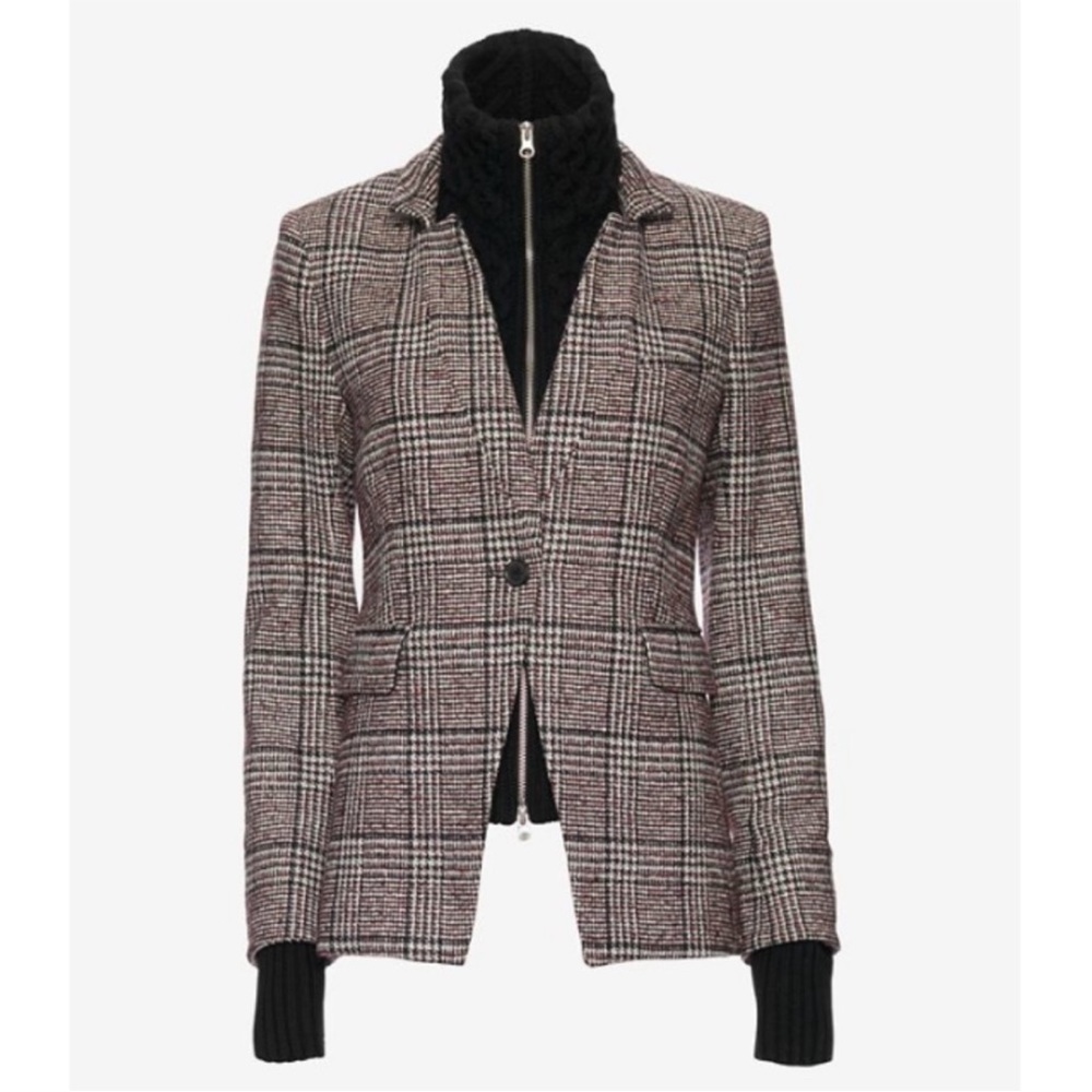 $648 Veronica Beard Glen Plaid Dickey Jacket Blazer black, white, merlot, sz 6